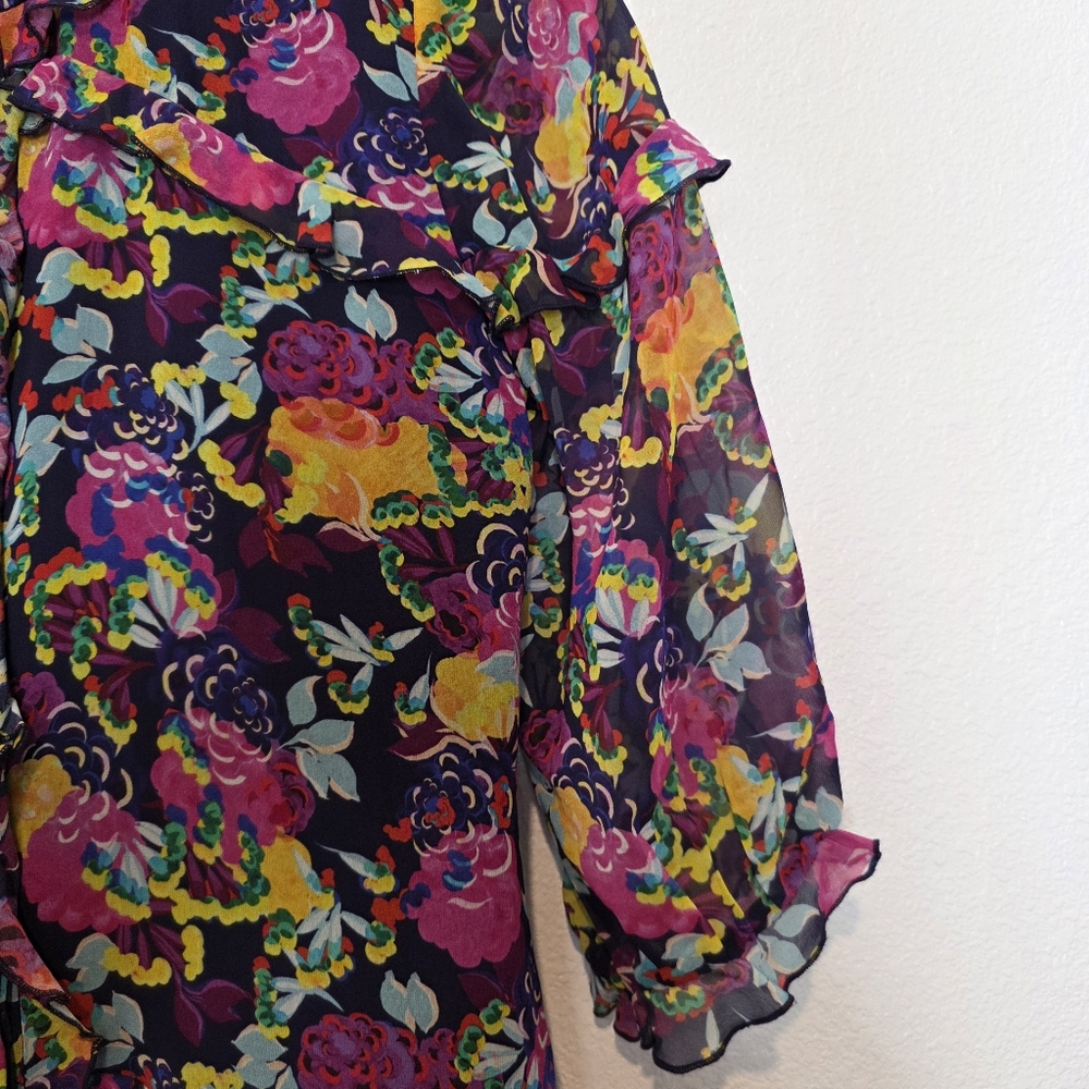 SALONI Tilly Ruffle Floral Print Silk Belted Romantic Mini Dress Size 4 - Picture 10 of 13